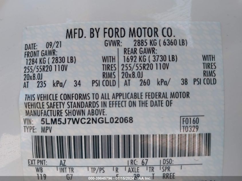 2022 Lincoln Aviator Reserve VIN: 5LM5J7WC2NGL02068 Lot: 39845796