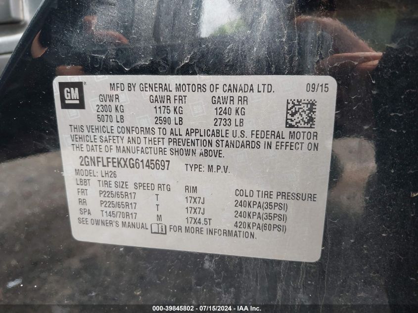 2016 Chevrolet Equinox Lt VIN: 2GNFLFEKXG6145697 Lot: 39845802