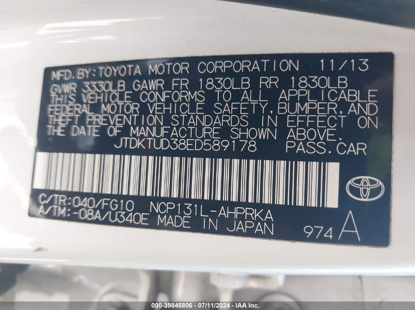 2014 Toyota Yaris L (Tmc/Cbu Plant) VIN: JTDKTUD38ED589178 Lot: 39845806