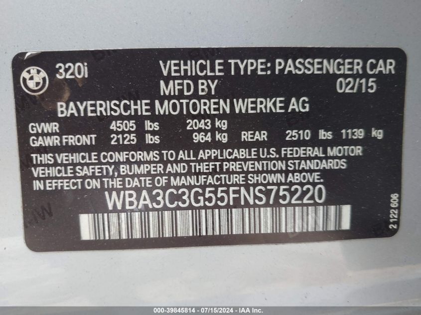 2015 BMW 320I xDrive VIN: WBA3C3G55FNS75220 Lot: 39845814