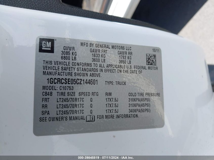 2012 Chevrolet Silverado 1500 Lt VIN: 1GCRCSE05CZ144601 Lot: 39845819