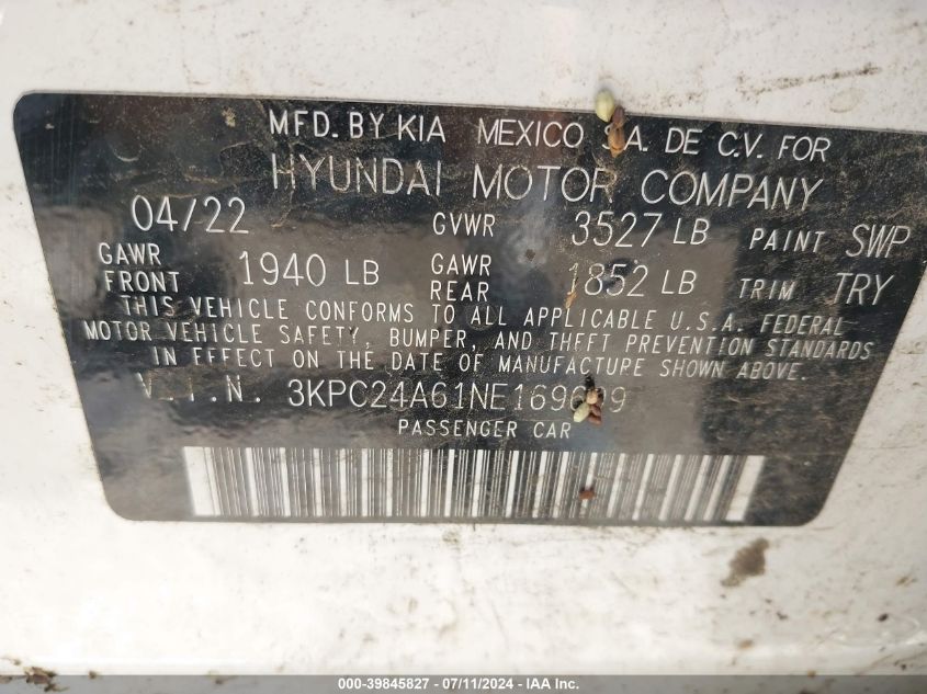 2022 Hyundai Accent Se VIN: 3KPC24A61NE169699 Lot: 39845827