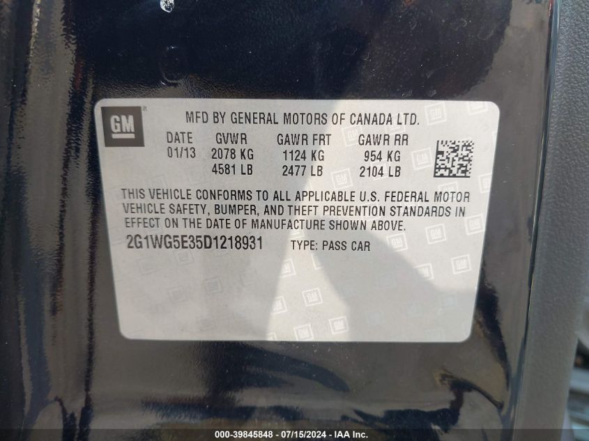 2013 Chevrolet Impala Lt VIN: 2G1WG5E35D1218931 Lot: 39845848
