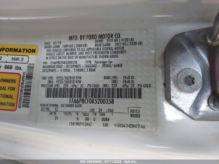 2019 Ford Mustang Gt VIN: 1FA6P8CF0K5200358 Lot: 39845849