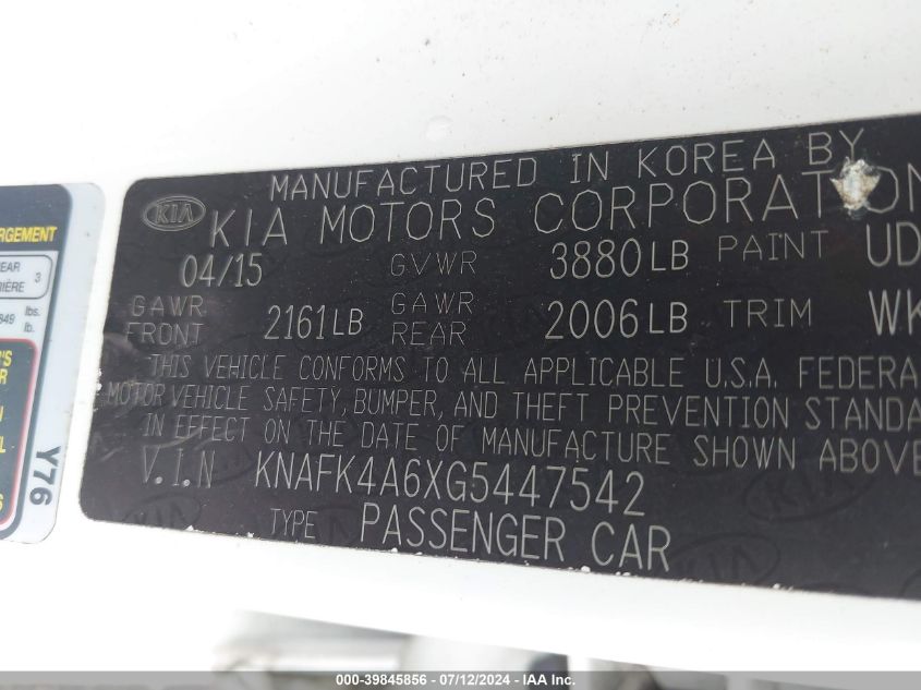 2016 Kia Forte Lx VIN: KNAFK4A6XG5447542 Lot: 39845856