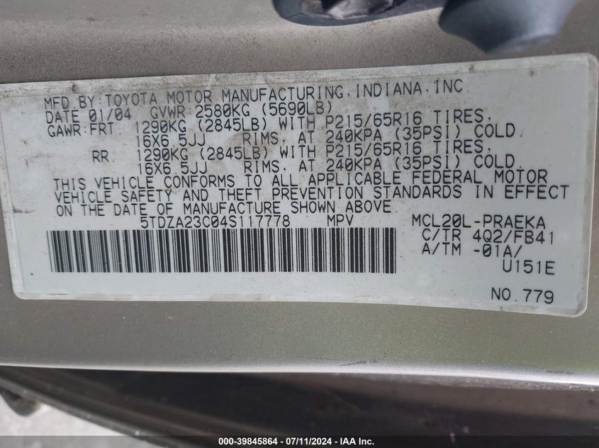 2004 Toyota Sienna Le VIN: 5TDZA23C04S117778 Lot: 39845864