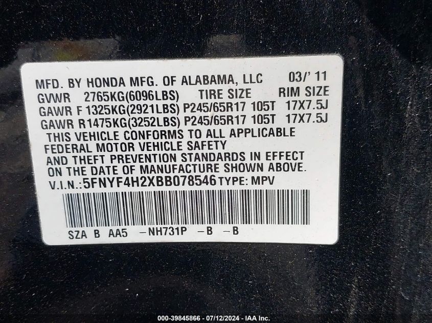 2011 Honda Pilot Lx VIN: 5FNYF4H2XBB078546 Lot: 39845866