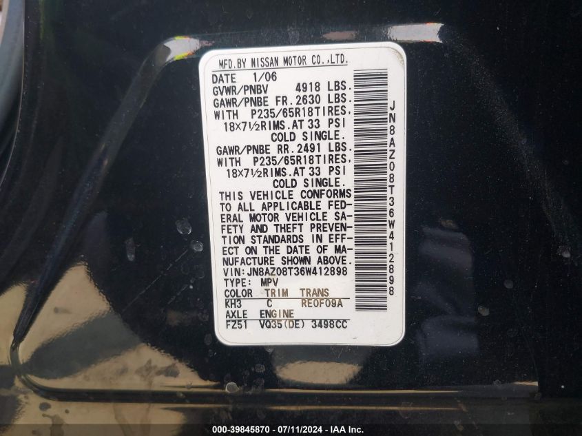 2006 Nissan Murano Sl VIN: JN8AZ08T36W412898 Lot: 39845870