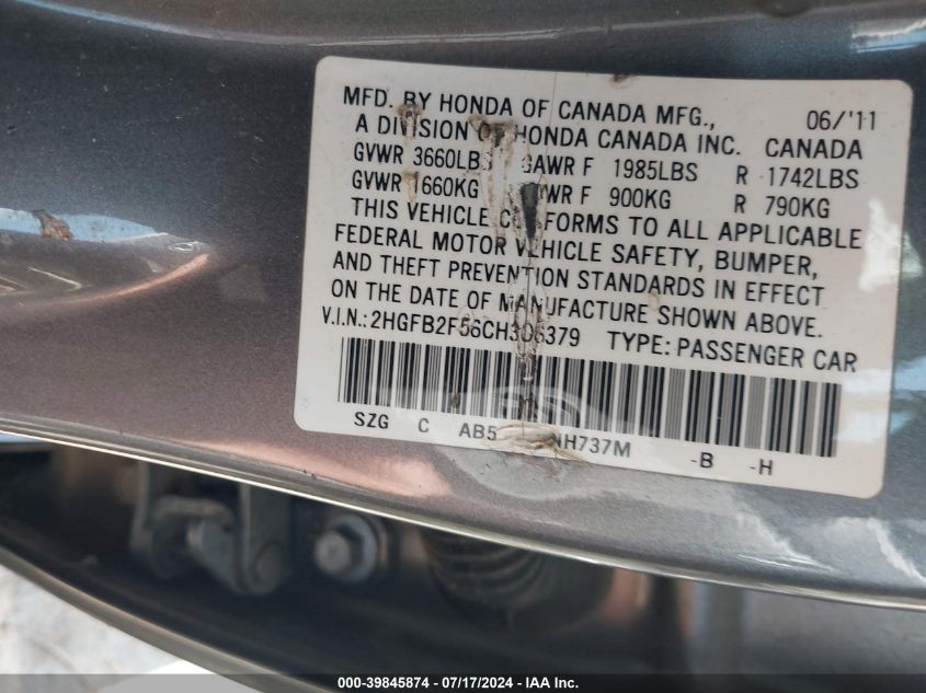 2HGFB2F56CH306379 2012 Honda Civic Lx