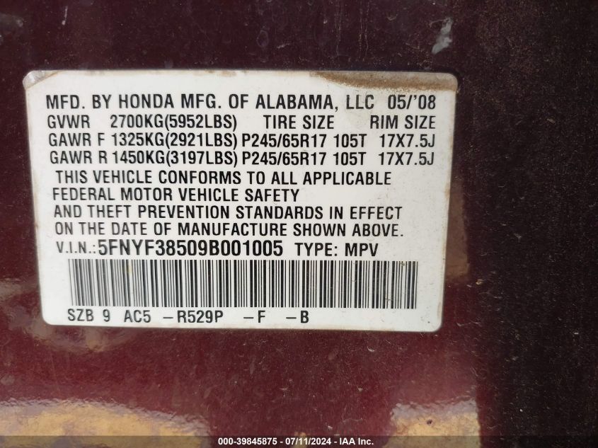 2009 Honda Pilot Ex-L VIN: 5FNYF38509B001005 Lot: 39845875