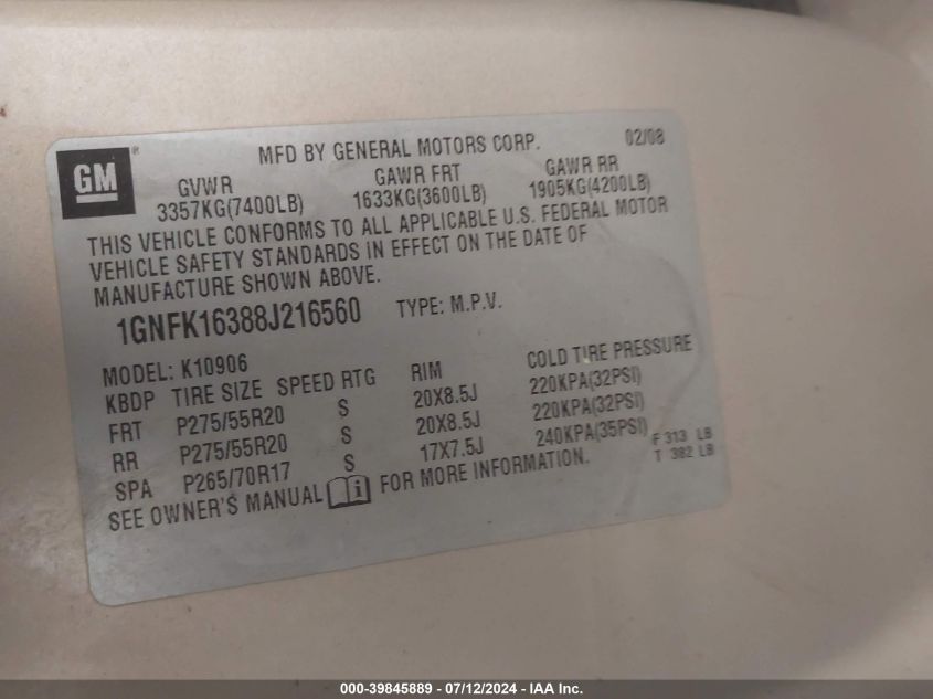 2008 Chevrolet Suburban 1500 Ltz VIN: 1GNFK16388J216560 Lot: 39845889