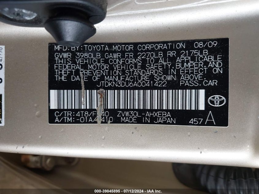 2010 Toyota Prius Iii VIN: JTDKN3DU6A0041422 Lot: 39845895