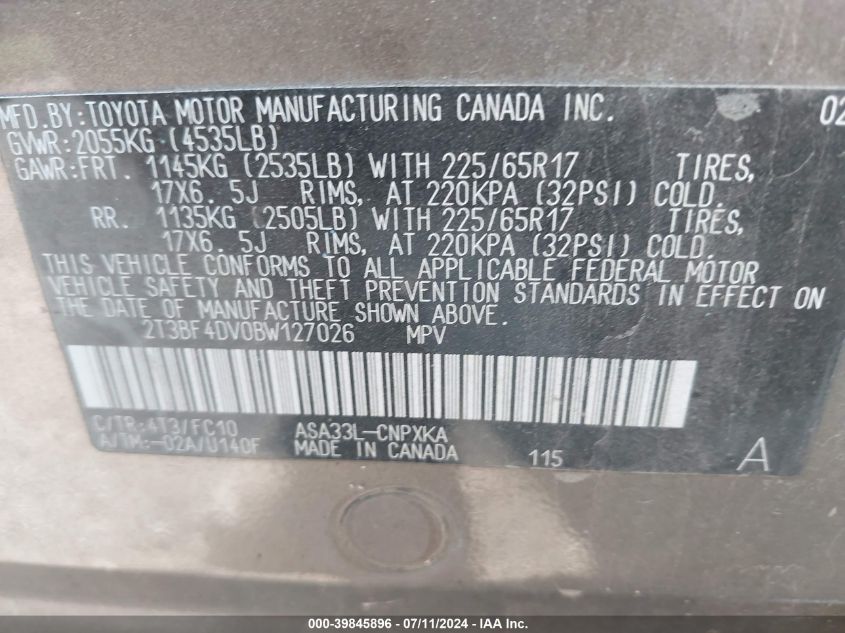 2011 Toyota Rav4 VIN: 2T3BF4DV0BW127026 Lot: 39845896