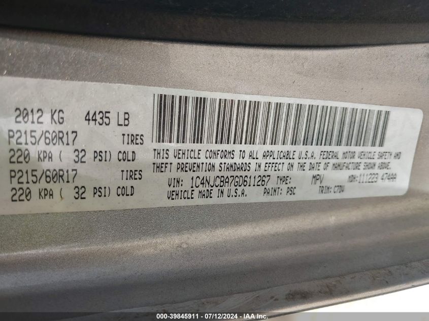 2016 Jeep Compass Sport VIN: 1C4NJCBA7GD611267 Lot: 39845911