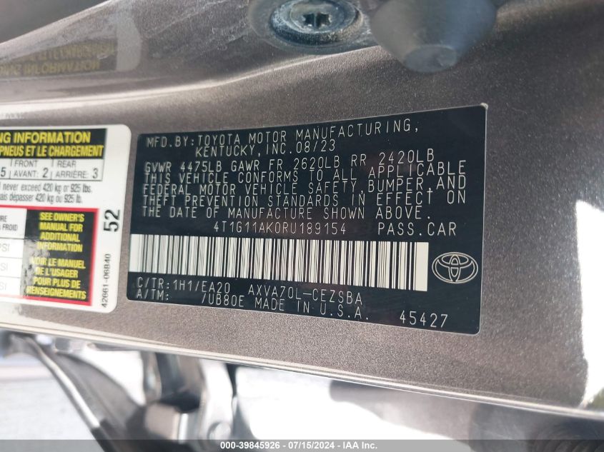 4T1G11AK0RU189154 2024 Toyota Camry Se