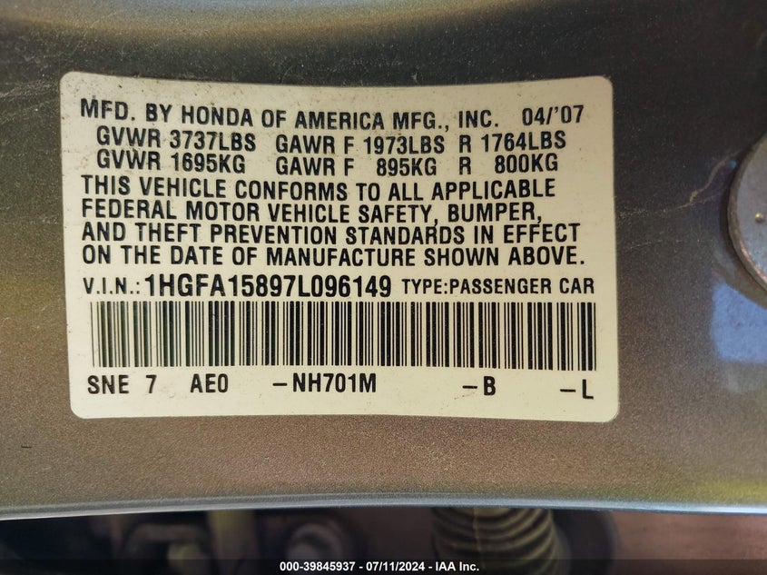 2007 Honda Civic Ex VIN: 1HGFA15897L096149 Lot: 39845937