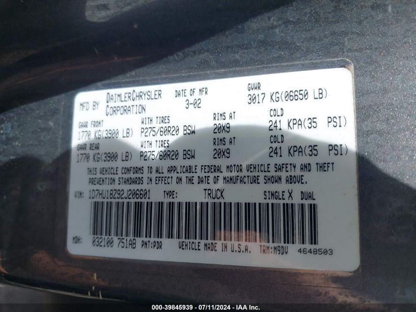 2002 Dodge Ram 1500 St VIN: 1D7HU18Z92J206601 Lot: 39845939