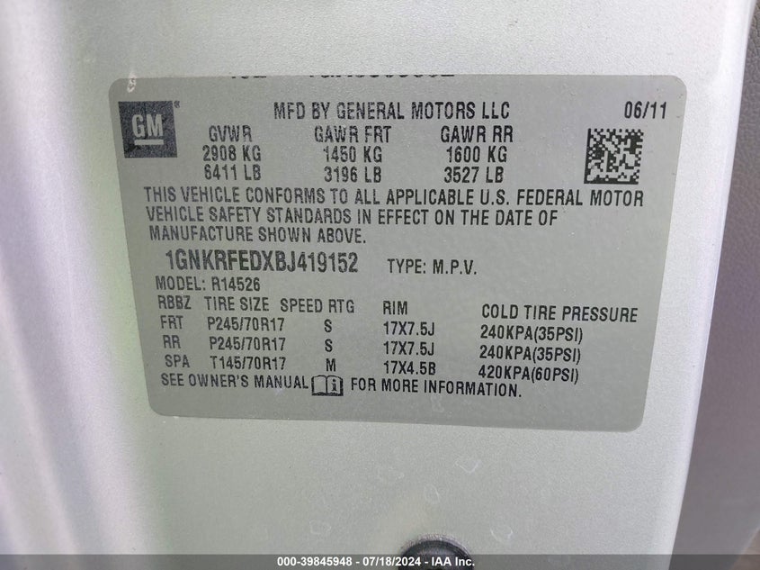 2011 Chevrolet Traverse Ls VIN: 1GNKRFEDXBJ419152 Lot: 39845948