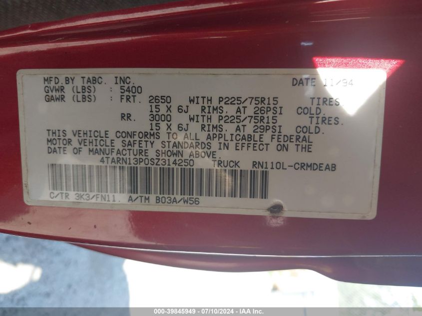 1995 Toyota Pickup 1/2 Ton Ex Long Whlbse Dx VIN: 4TARN13P0SZ314250 Lot: 39845949