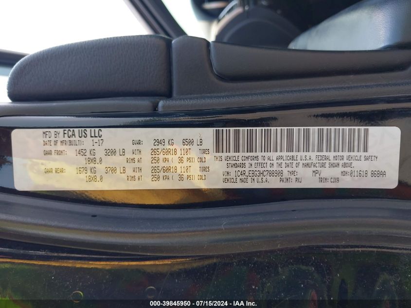 2017 Jeep Grand Cherokee Limited 4X2 VIN: 1C4RJEBG3HC788908 Lot: 39845950