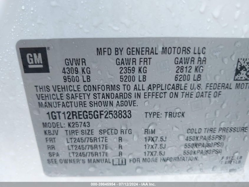 2016 GMC Sierra K2500 Heavy Duty VIN: 1GT12REG5GF253833 Lot: 39845954