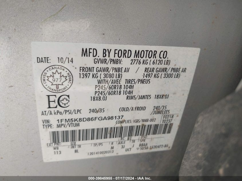 2015 Ford Explorer Xlt VIN: 1FM5K8D86FGA98137 Lot: 39845955