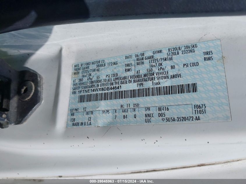 2008 Ford E-150 Commercial/Recreational VIN: 1FTNE14WX8DB44641 Lot: 39845963
