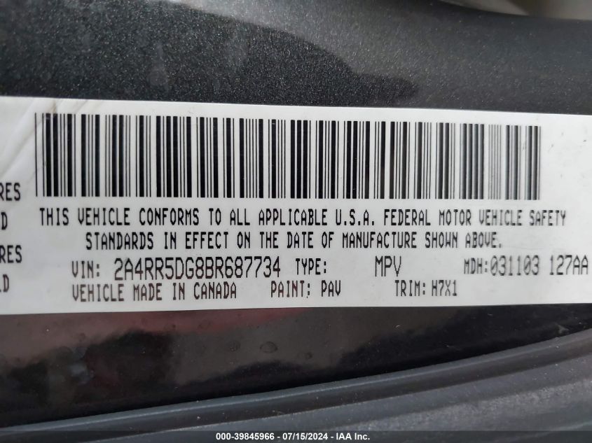 2011 Chrysler Town & Country Touring VIN: 2A4RR5DG8BR687734 Lot: 39845966