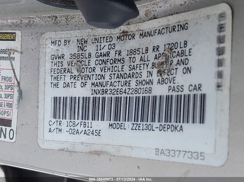 1NXBR32E64Z280168 2004 Toyota Corolla Ce/Le/S