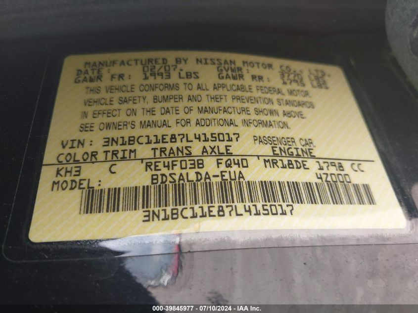 2007 Nissan Versa 1.8S VIN: 3N1BC11E87L415017 Lot: 39845977