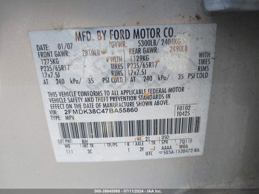 2007 Ford Edge Sel VIN: 2FMDK38C47BA5586 Lot: 39845988