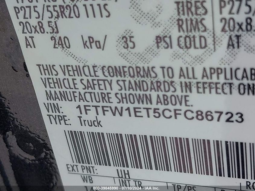 2012 Ford F-150 Fx4 VIN: 1FTFW1ET5CFC86723 Lot: 39845990