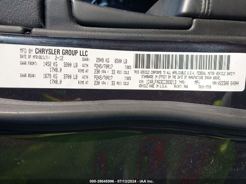 2012 Jeep Grand Cherokee Laredo VIN: 1C4RJFAG3CC269213 Lot: 39845996