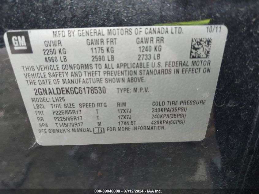 2012 Chevrolet Equinox 1Lt VIN: 2GNALDEK6C6178530 Lot: 39846008