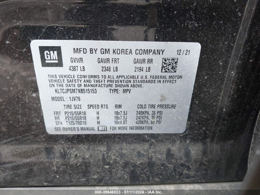 2022 Chevrolet Trax Awd Lt VIN: KL7CJPSM7NB515153 Lot: 39846023