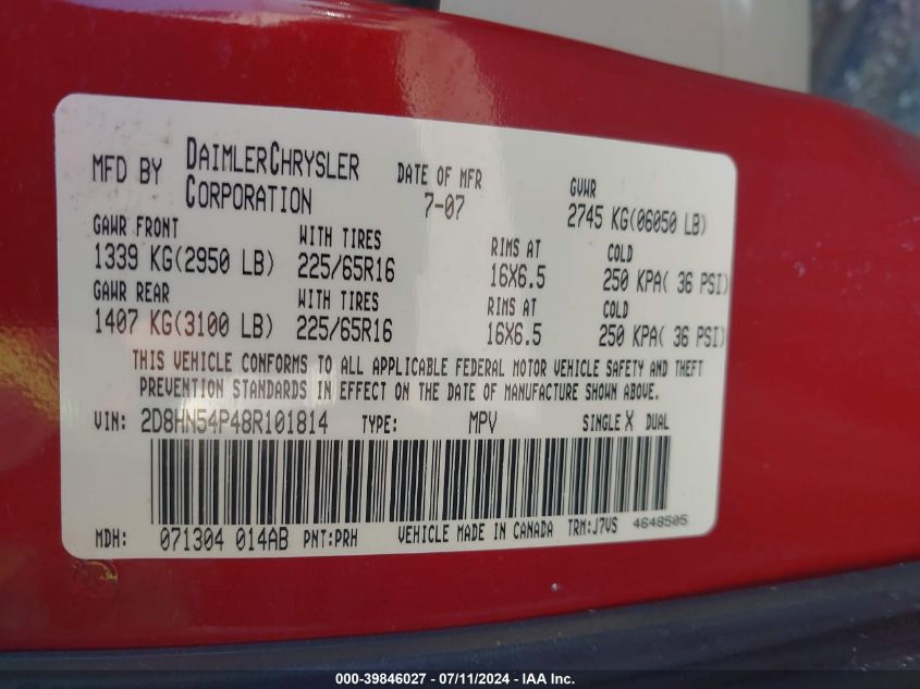 2008 Dodge Grand Caravan Sxt VIN: 2D8HN54P48R101814 Lot: 39846027