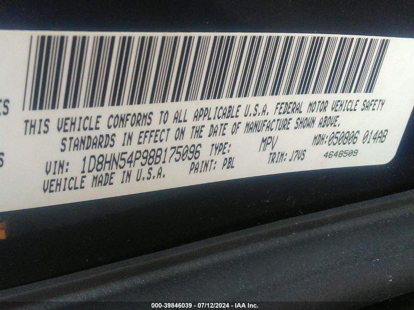 2008 Dodge Grand Caravan Sxt VIN: 1D8HN54P98B175096 Lot: 39846039