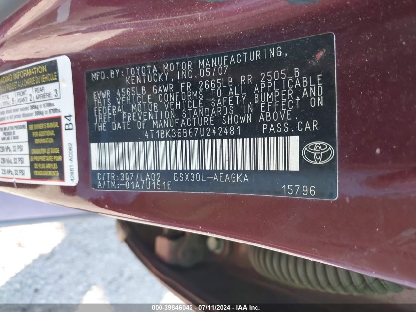 2007 Toyota Avalon Xls VIN: 4T1BK36B67U242481 Lot: 39846042