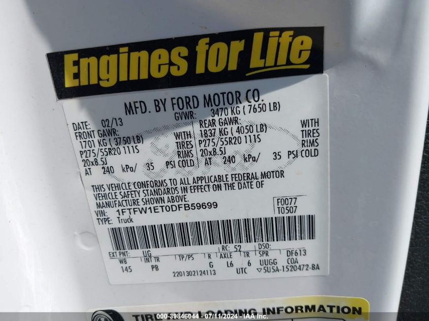 2013 Ford F-150 Platinum VIN: 1FTFW1ET0DFB59699 Lot: 39846044