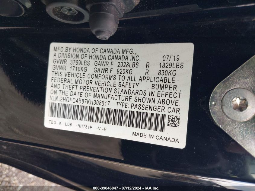 2019 Honda Civic Sport VIN: 2HGFC4B87KH308617 Lot: 39846047