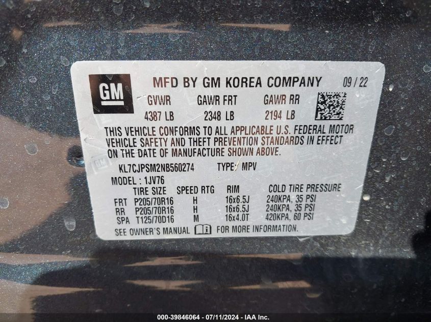 2022 Chevrolet Trax Awd Lt VIN: KL7CJPSM2NB560274 Lot: 39846064