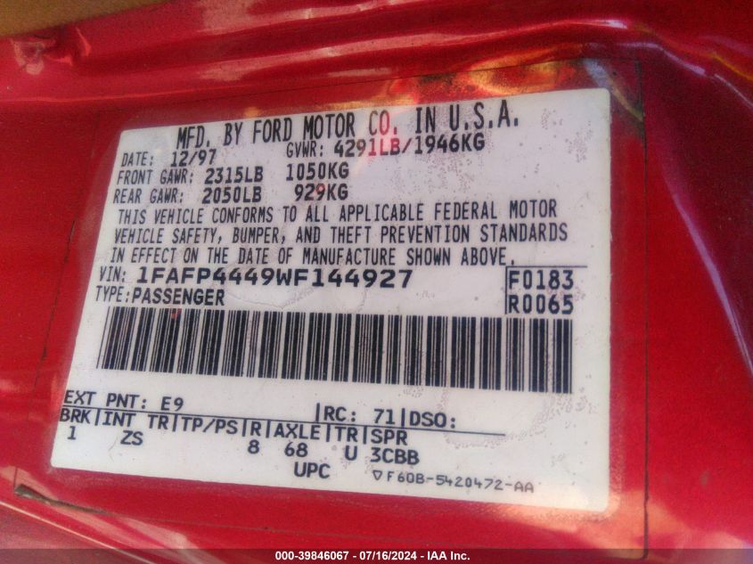 1998 Ford Mustang VIN: 1FAFP4449WF144927 Lot: 39846067