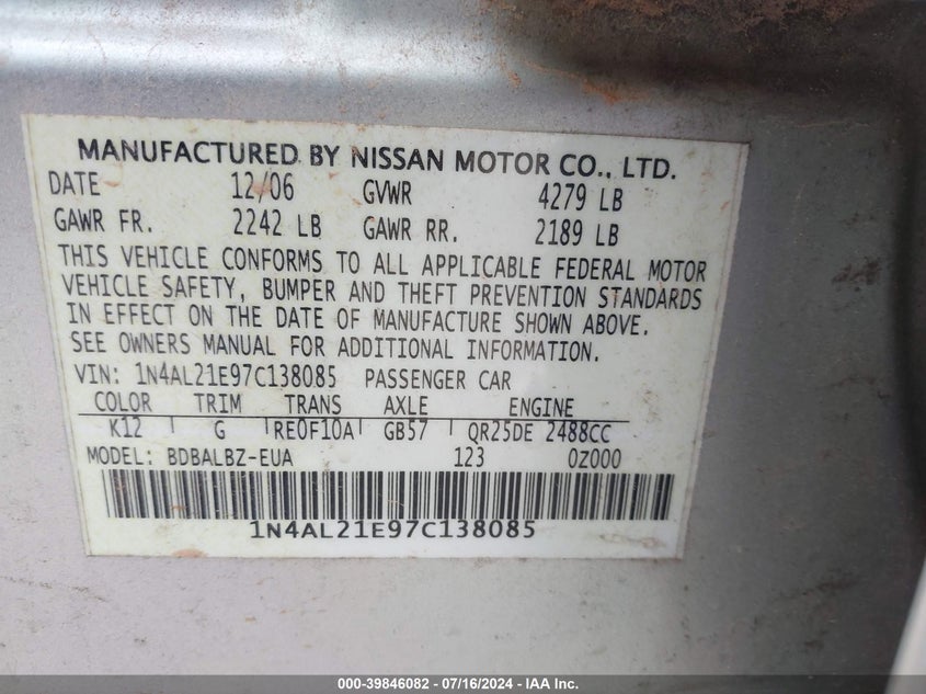 2007 Nissan Altima 2.5 S VIN: 1N4AL21E97C138085 Lot: 39846082