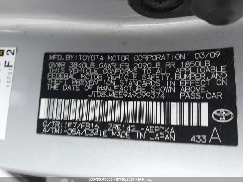2010 Toyota Corolla VIN: JTDBU4EE9A9099374 Lot: 39846086