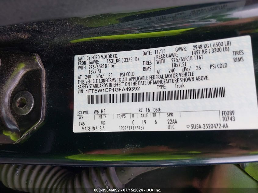 2016 Ford F-150 Lariat VIN: 1FTEW1EP1GFA49392 Lot: 39846092