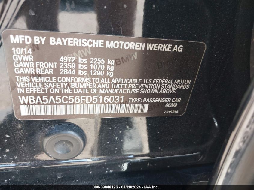 2015 BMW 528I VIN: WBA5A5C56FD516031 Lot: 39846125