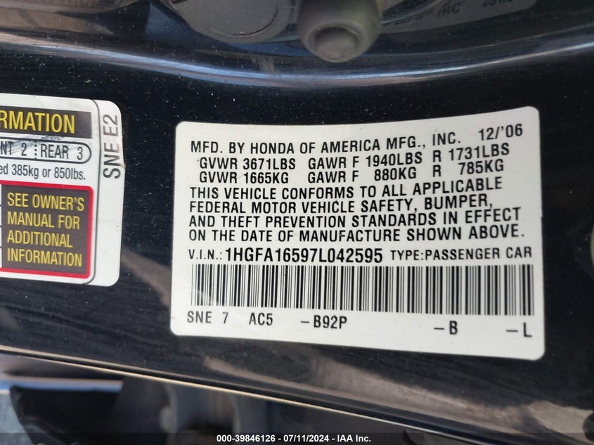 2007 Honda Civic Lx VIN: 1HGFA16597L042595 Lot: 39846126