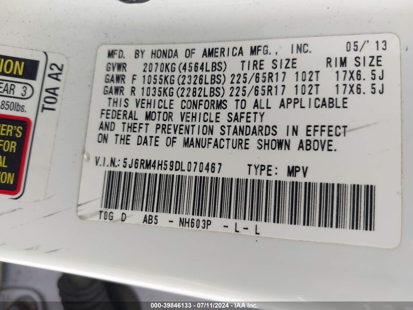 2013 Honda Cr-V Ex VIN: 5J6RM4H59DL070467 Lot: 39846133