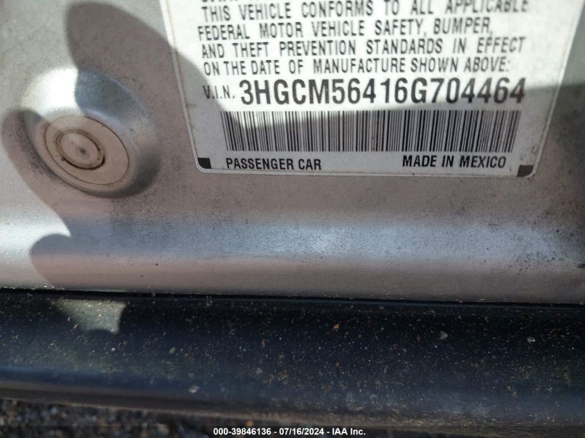 2006 Honda Accord Lx VIN: 3HGCM56416G704464 Lot: 39846136