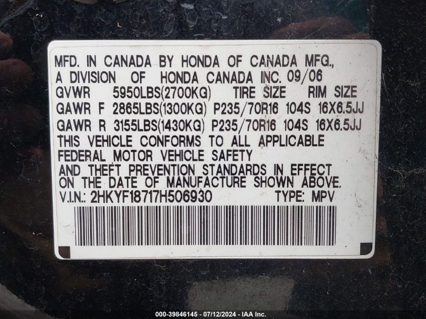 2007 Honda Pilot Exl VIN: 2HKYF18717H506930 Lot: 39846145